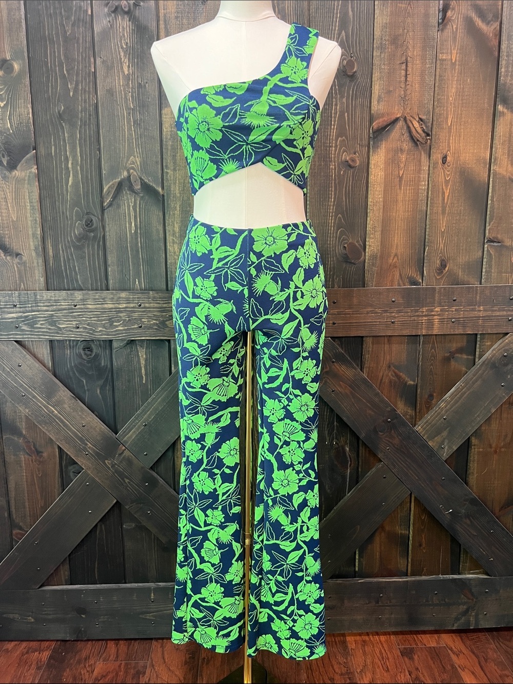Zara Floral Jacquard  2 pc. Co Ord Set S M Blue Green Crop Top Flare Pants